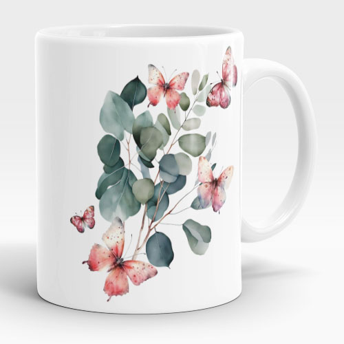 eucalyptus and pink butterflies mug